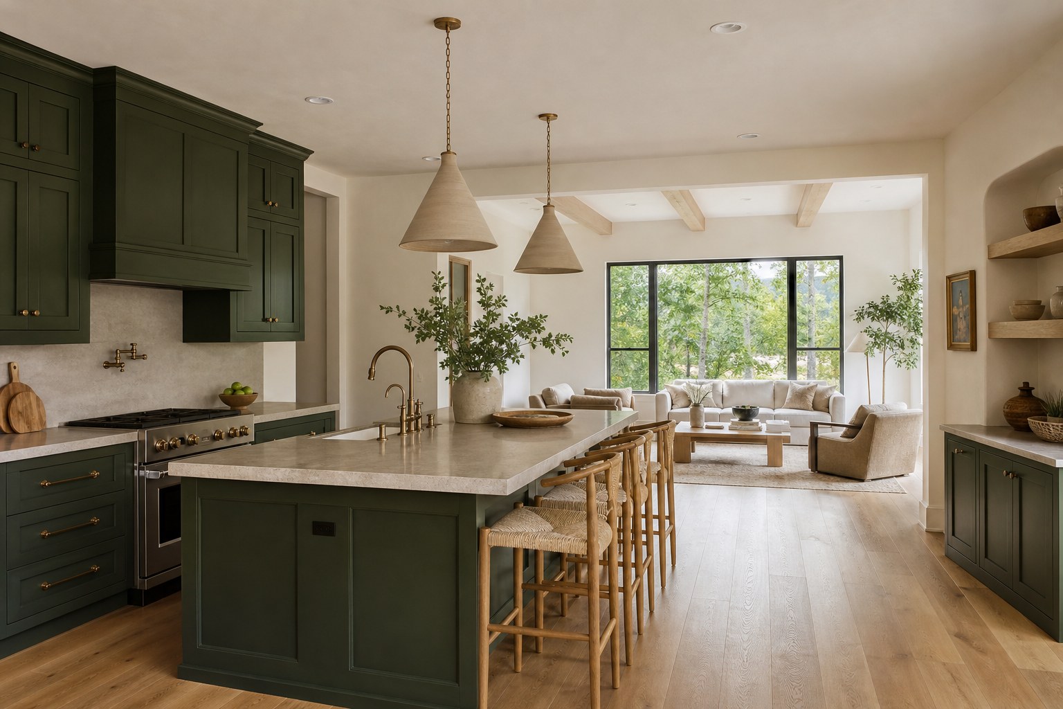Bright open-plan kitchen and living area with green cabinetry, comfortable furnishings, and natural light
